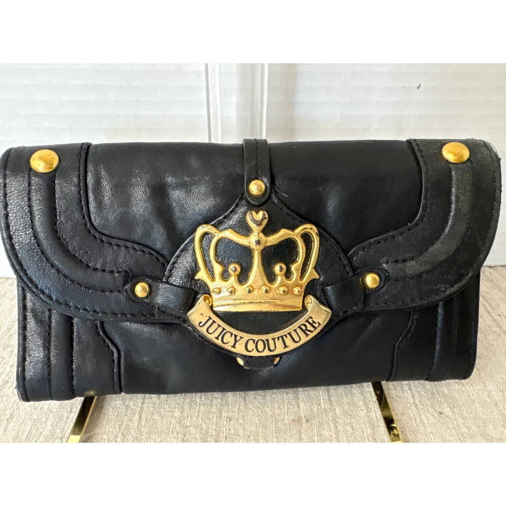 Juicy Couture Black Leather Crown Logo Continental Wallet Vintage Y2K Gold Tone